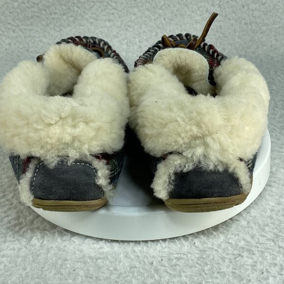 L.L. Bean Shoes Women’s 8 Blue Red Multicolor Plaid Moccasins Sherpa Slippers - Picture 3 of 7